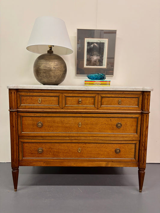 ANTIQUE LOUIS XVI STYLE MARBLE TOP CHEST OF DRAWERS, FRANCE