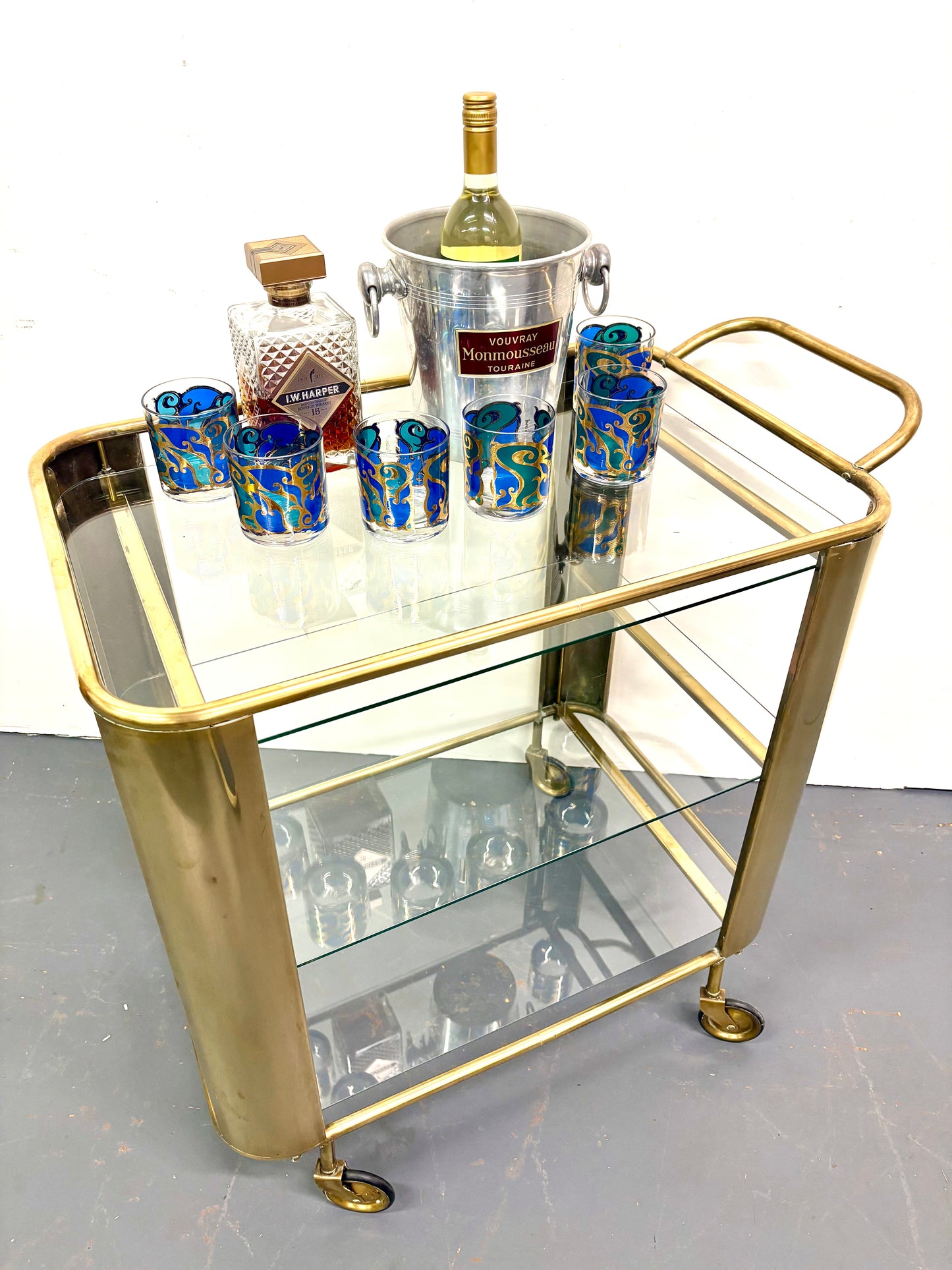 Mid Century/Art Deco Italian Brass & Glass Bar Cart/Trolley ￼