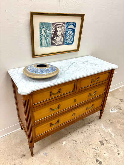 Antique French Louis XVI Style White Marble Top Four Drawer Chest - France