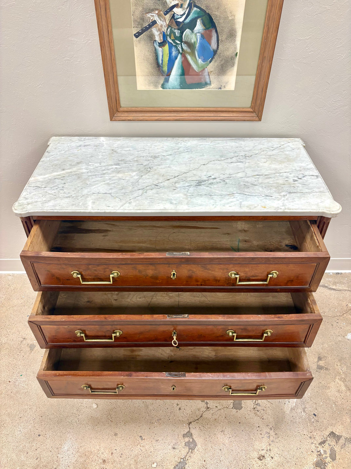 Antique French Louis XVI Style Marble Top Three Door Chest - France
