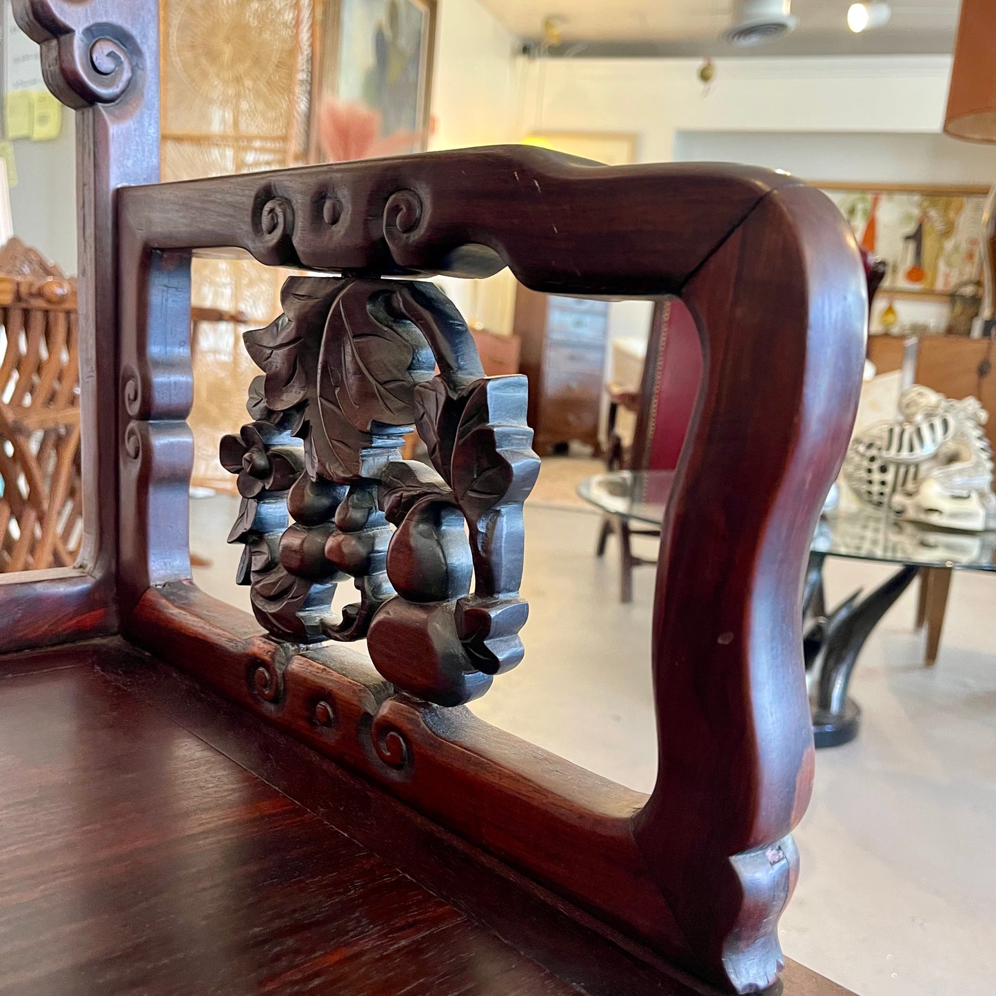 ANTIQUE CHINESE CARVED HARDWOOD ARM CHAIR