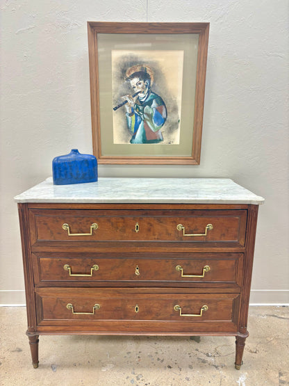Antique French Louis XVI Style Marble Top Three Door Chest - France