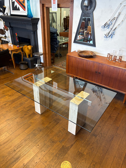 Mid Century Italian Travertine, Chrome & Glass Dining Table By Artedi