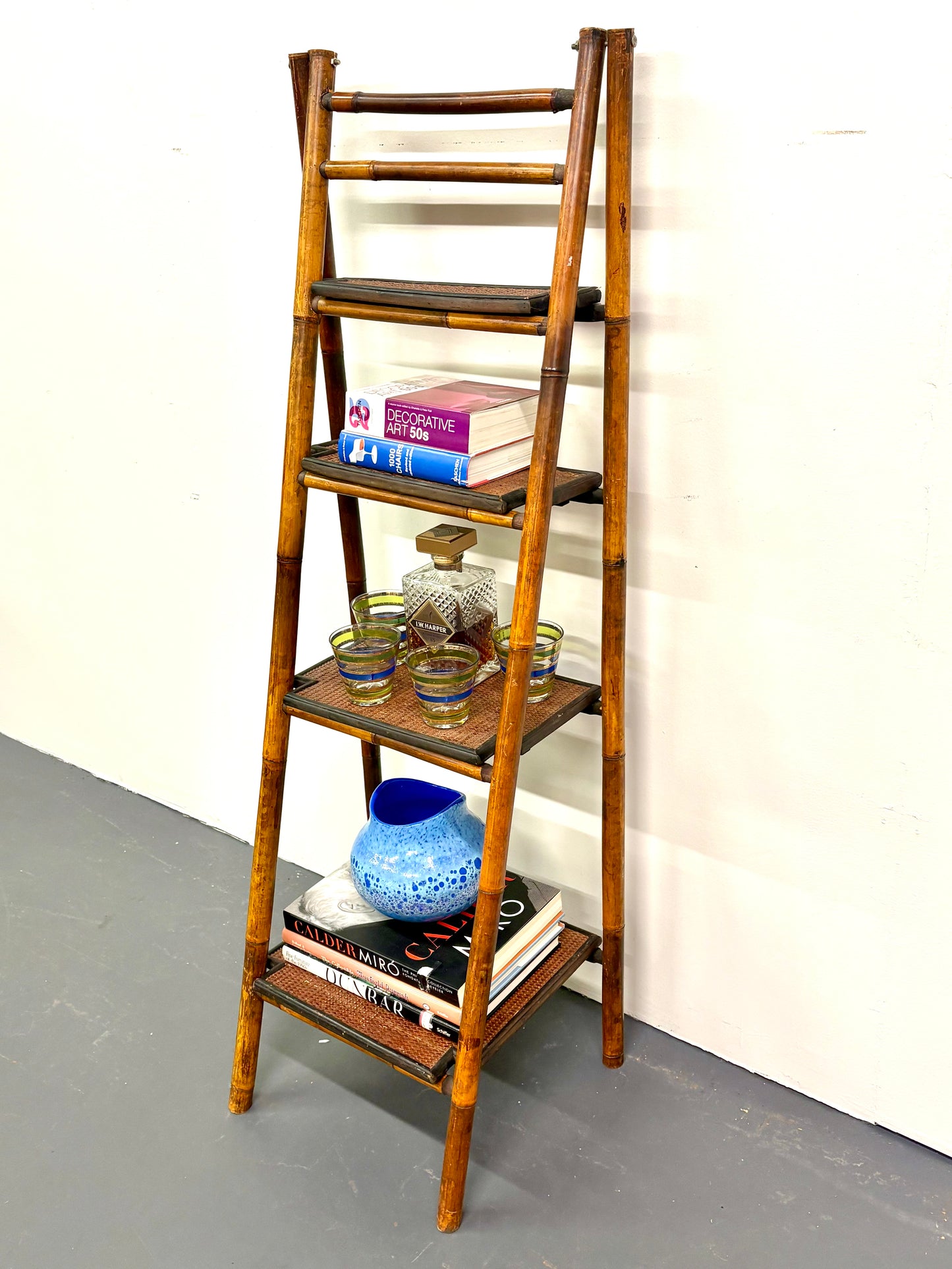 Vintage French Bamboo Folding Ladder Step Shelf