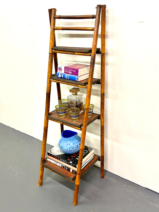 Vintage French Bamboo Folding Ladder Step Shelf
