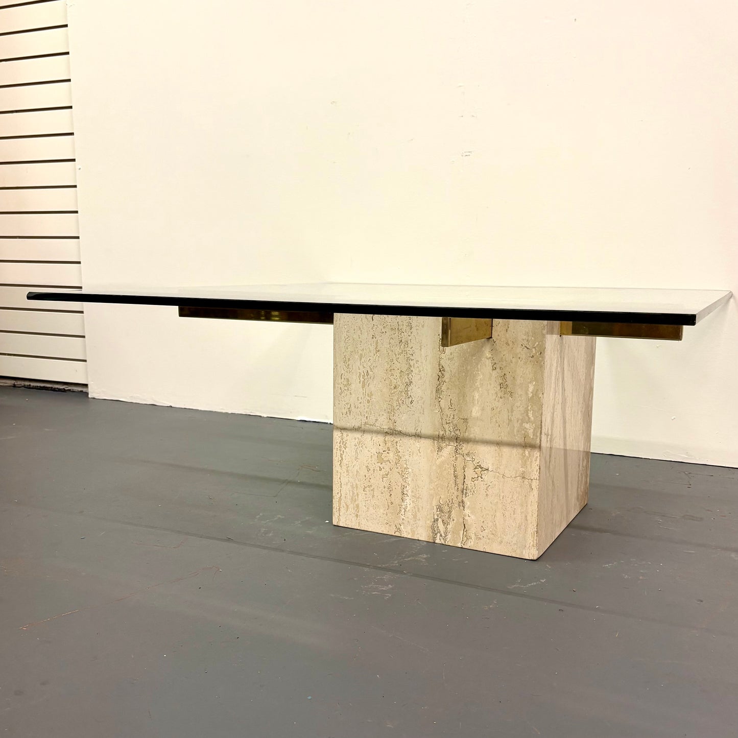 Mid Century Travertine, Brass & Glass Coffee Table By Artedi