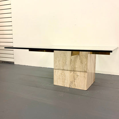 Mid Century Travertine, Brass & Glass Coffee Table By Artedi