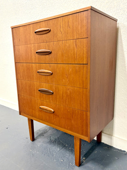 Mid Century Modern Teak Five Drawer Dresser From England