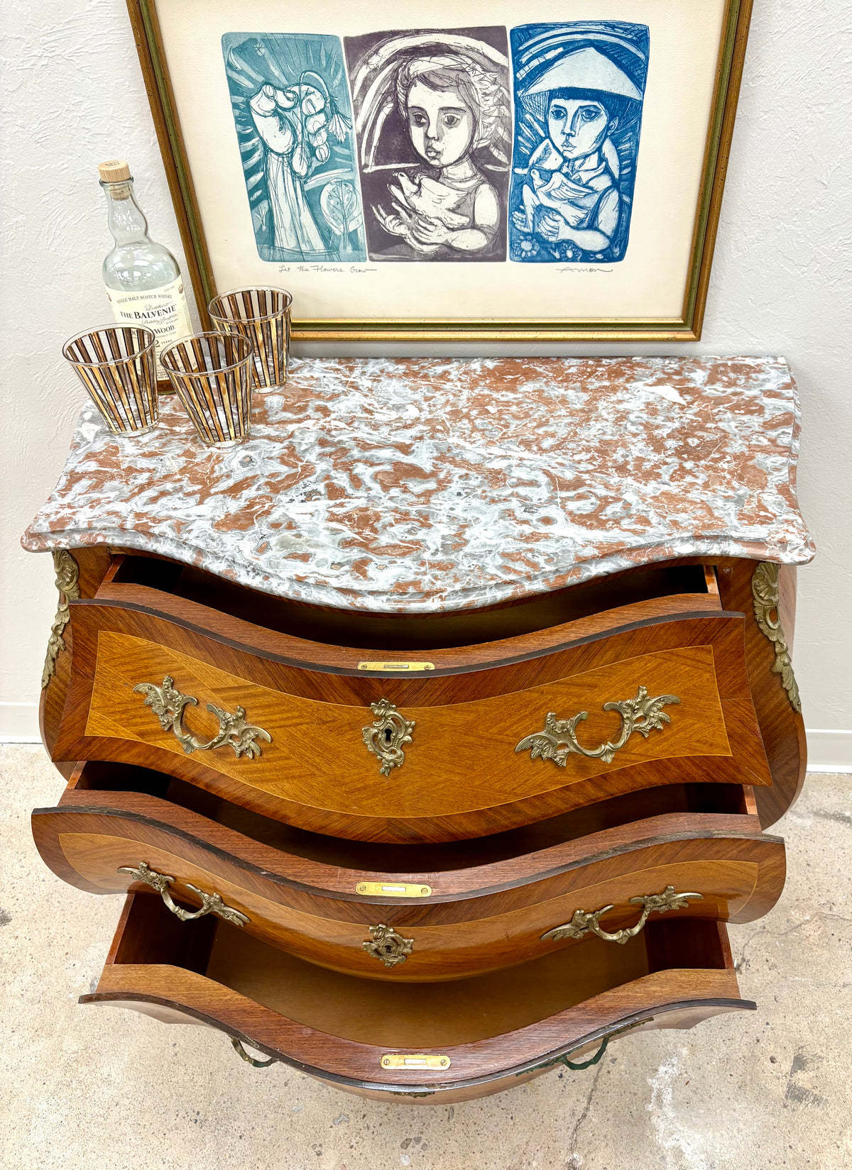 Antique Swedish Marble Top Bombe Chest/Dresser - Sweden